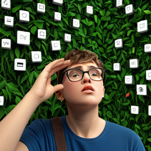 Home 4 **
A person looking overwhelmed at a huge wall covered in icons and logos of different 3D software programs (Blender, Maya, Cinema 4D, etc.). Make the wall look like a jungle, with vines and dense foliage. The person should be wearing glasses and scratching their head in confusion.
**