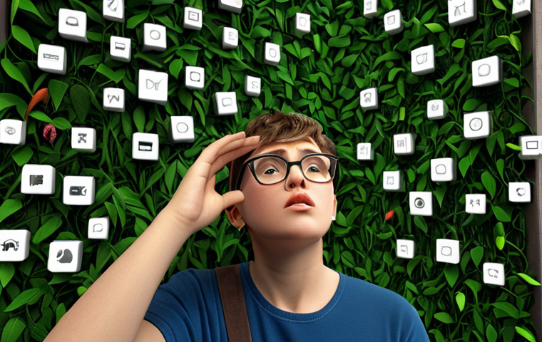 **
A person looking overwhelmed at a huge wall covered in icons and logos of different 3D software programs (Blender, Maya, Cinema 4D, etc.). Make the wall look like a jungle, with vines and dense foliage. The person should be wearing glasses and scratching their head in confusion.
**