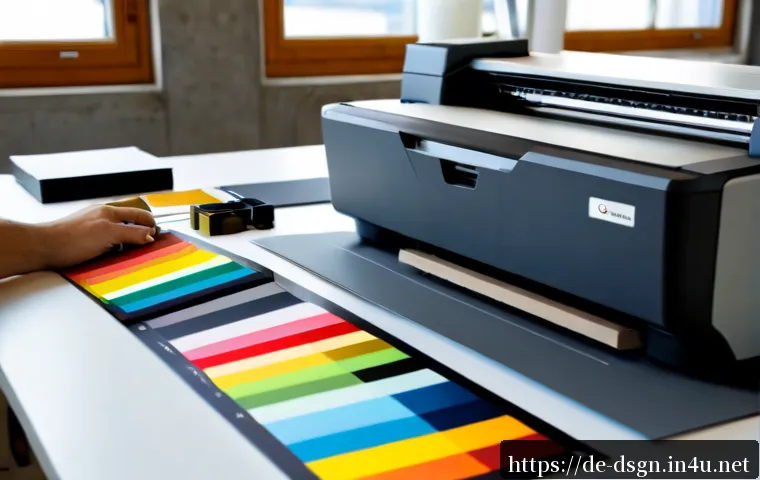 최신 인쇄 디자인 기술 - Photorealistic modern print design studio in Germany, a designer examining vivid color samples and e...